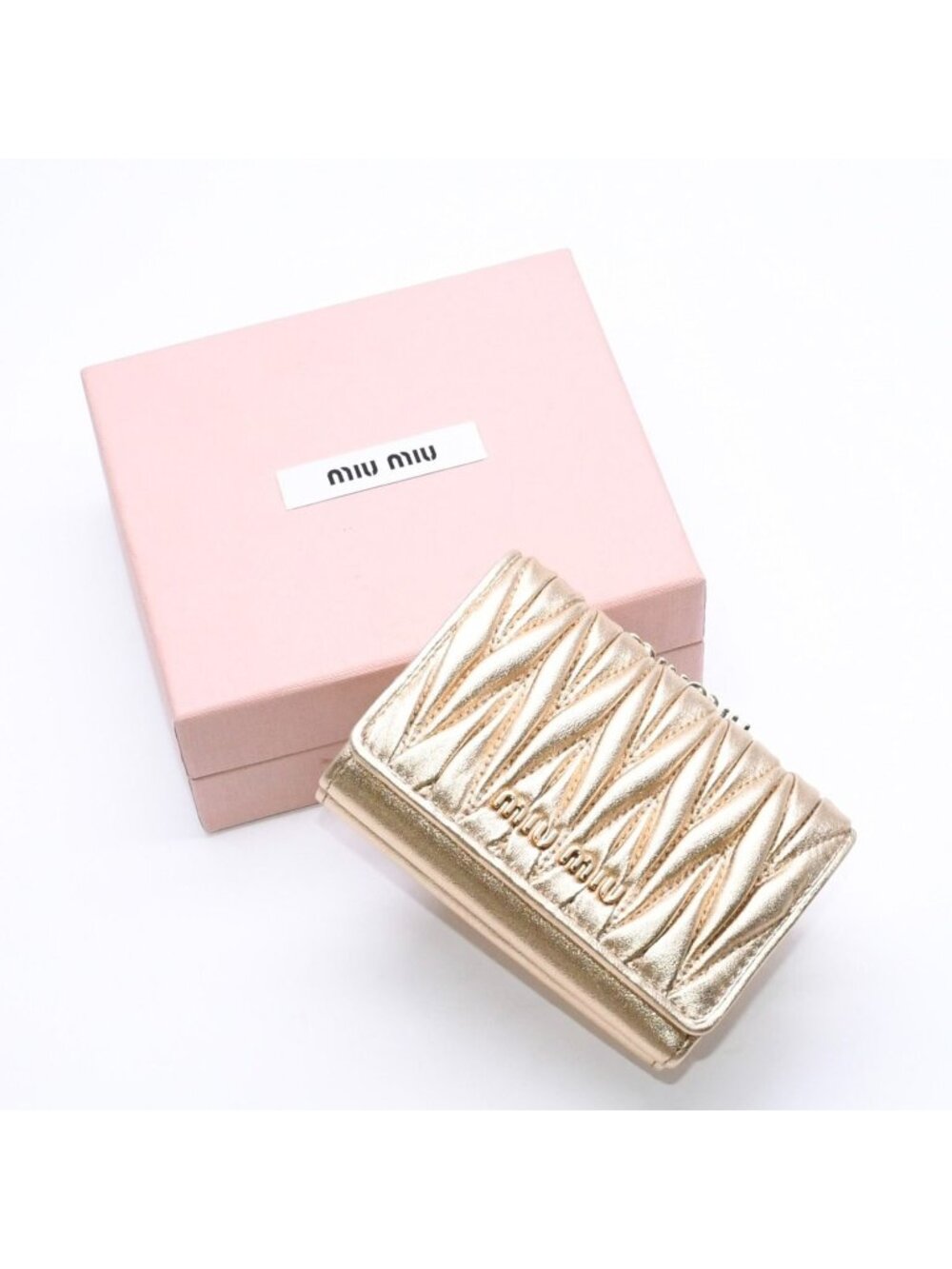 Miu Miu Matelasse Compact Wallet Trifold Gathered Gold Leather